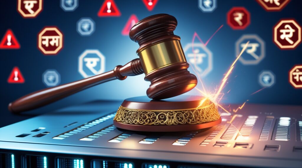 "Judge's gavel hitting a data server with red alert icons and ₹ symbols, representing legal penalties and fines under DPDP Act 2023 in India.